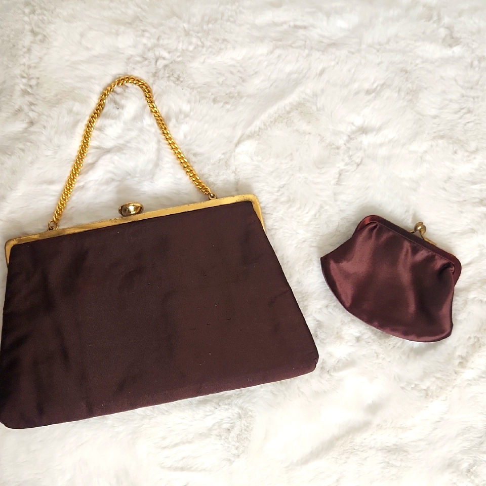Elegant Brown Coblentz Original Vintage Kiss Close Clutch Handbag Coin Purse Set